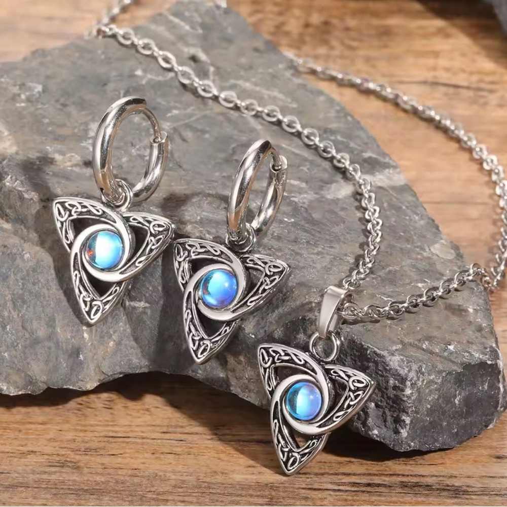 Stainless Steel Celtic Knot Jewelry Set with Blue Moonstone Accents